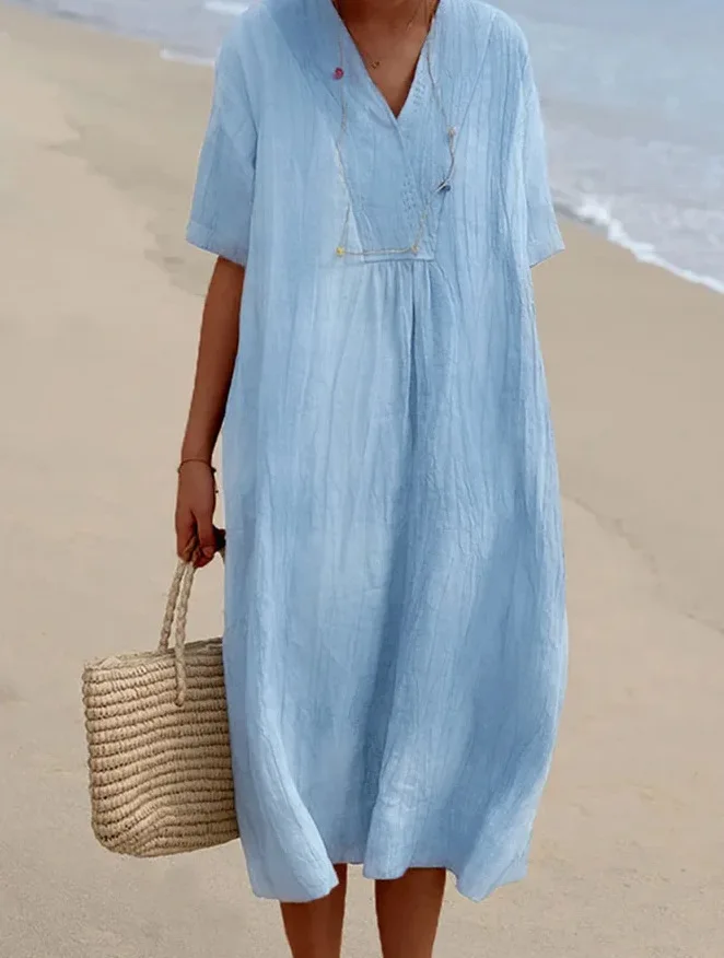 In Stock 2025 Spring Summer New Women's Fashion Versatile Hot-Selling Casual Slimming Dress Solid Color Cotton Linen