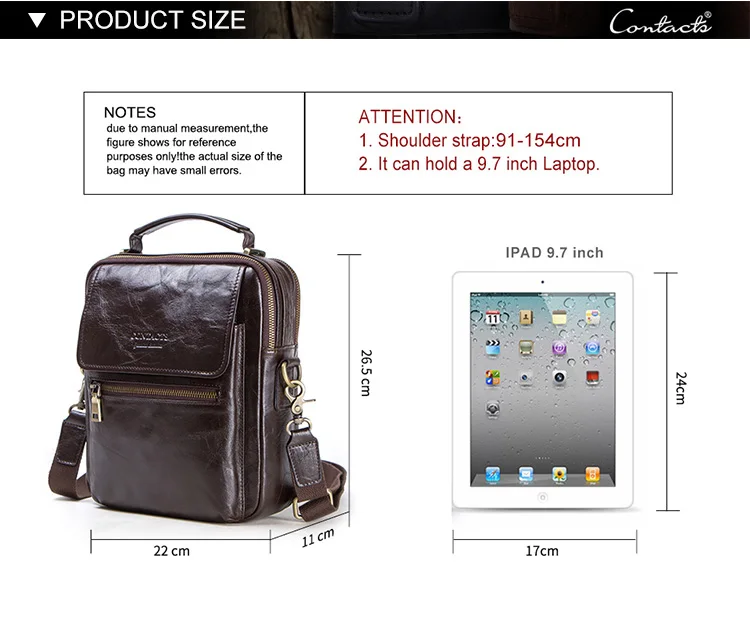 Contact's Crazy Horse Leather Messenger Bag multi zipper pockets for 9.7 inch tablet