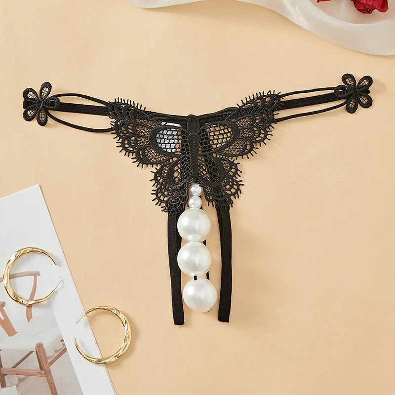 Wearable Insertable Sexy Lace Open Crotch Underwear Insertable Large Pearl Massage T-Pants ...