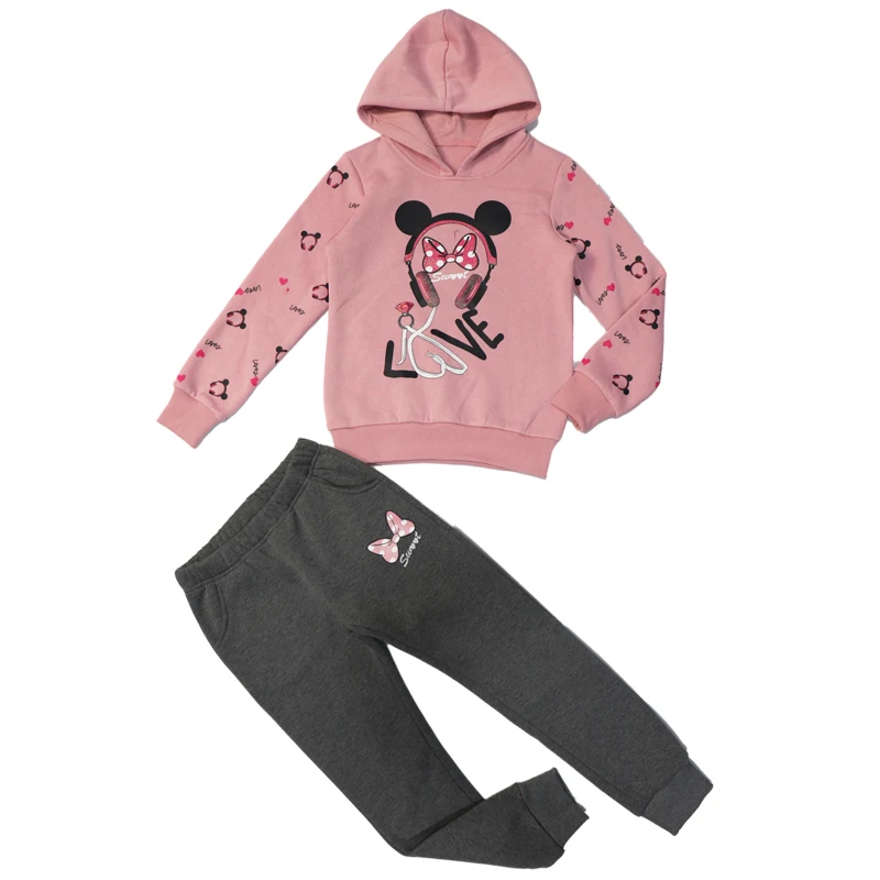 
Factory price low MOQ cut mouse letter logo pink color casual pullover hoodie children 10 years big kids girl 2 pc clothing sets 