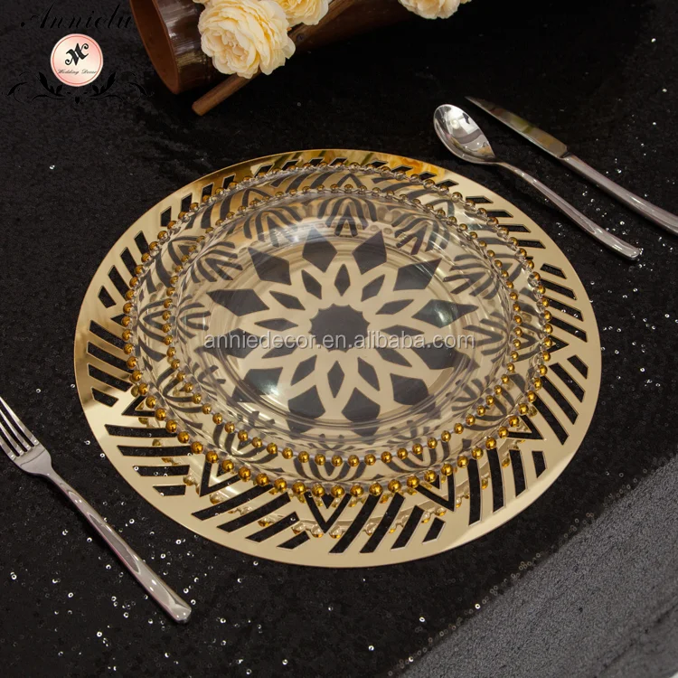Wholesale wedding gold silver beaded charger plates with curly organza placemats for wedding table decorations