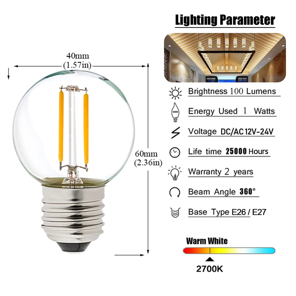 Led 12v-24v Dc Ac 1w E26 E27 Cob Filament Light Bulb G40 Warm White ...