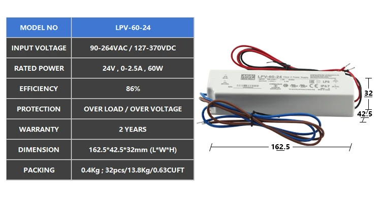 1pc LED Power Supply Constant Voltage CV Driver LPV-60-24 60W 24V 2.5A IP67 MW 