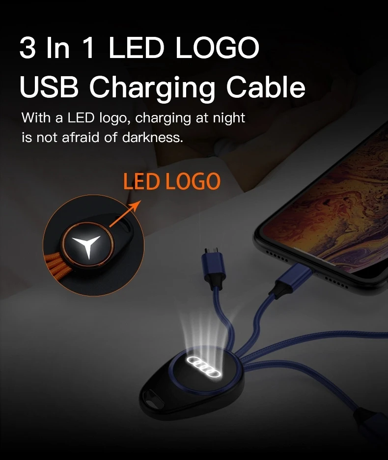 Promotion Keyring Cable, Cotton Cable,best flowing led charging cable, 3-in-1 Charging Cord Keychain,Light Up Logo 3-in-1 Cable, 3-in-1 Light Up Charging Cables