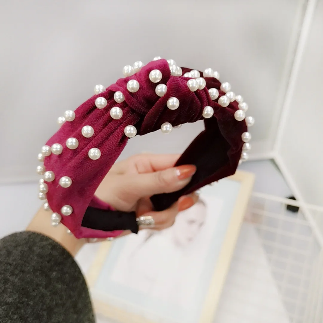 2019 冬季软天鹅绒珍珠宽头带女性打结珍珠发带天鹅绒为妇女