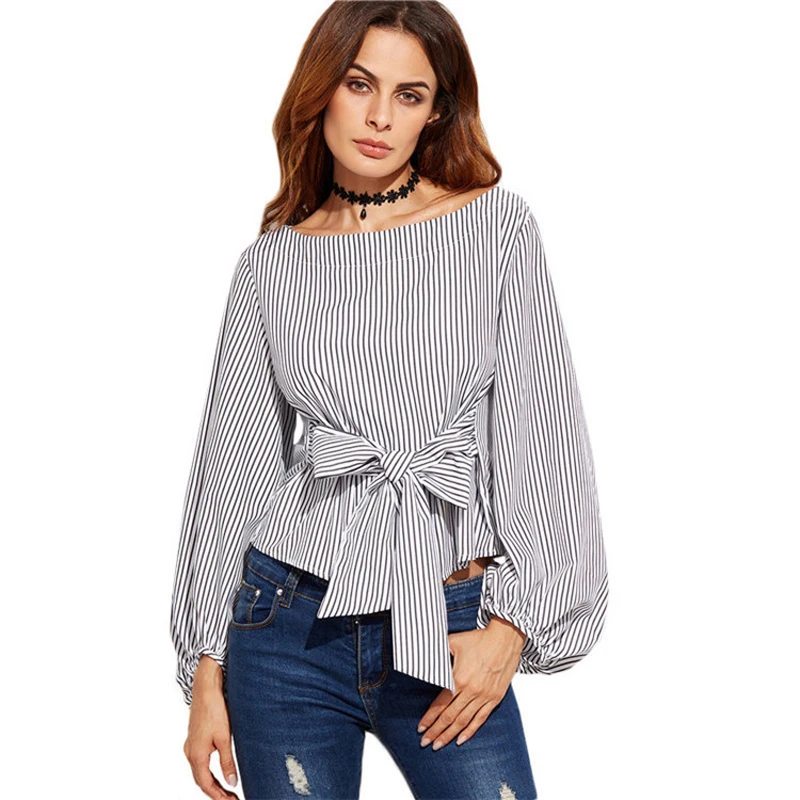 英格兰风格休闲领结长灯笼袖子条纹上衣女优雅办公室女郎o-neck女衬衫