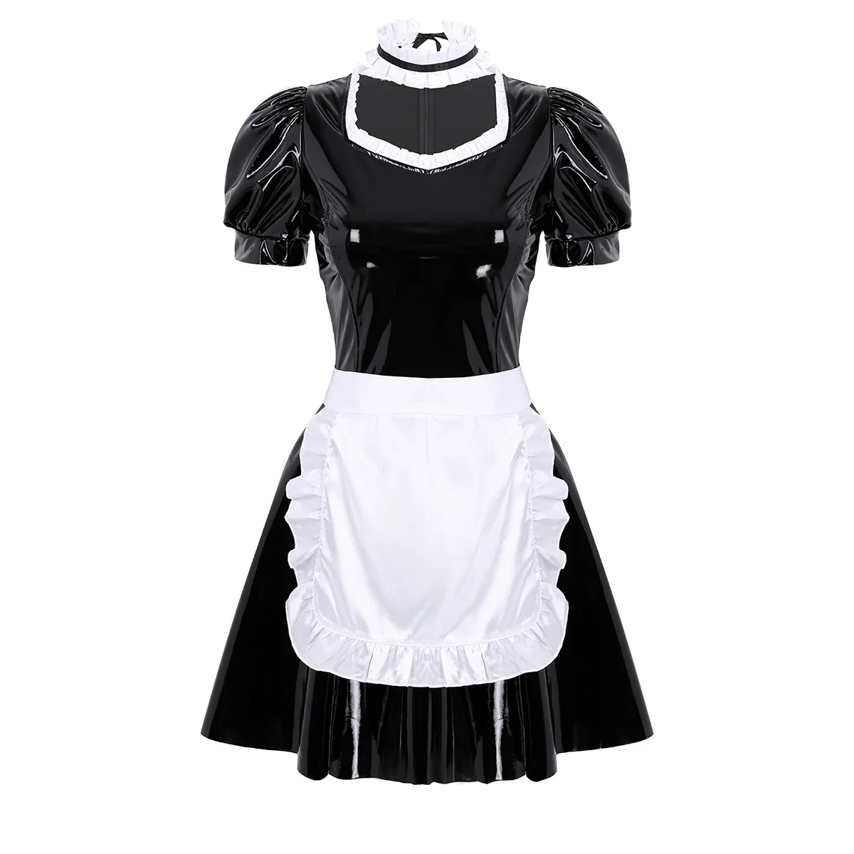 Women French Maid Cosplay Costume Outfit Adults Square Neck Puff Sleeve A Line Patent Leather 1448