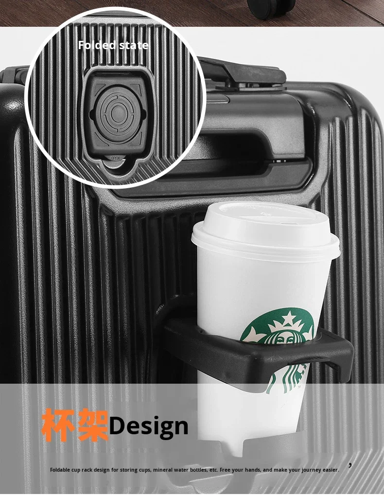 product 2026 new design front opening pocket luggage charging usb cup holder abspc spinner anti theft 20 inch boarding travel suitcase-11