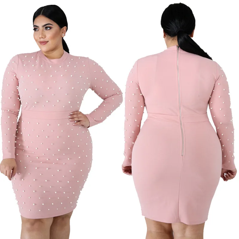 K2124 New Design Fall Round Neck Long Sleeve Pearl Women Sexy Club Plus Size Dresses