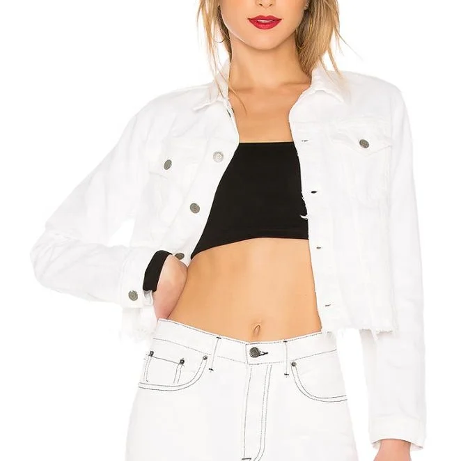Oem Casual Basic Women Cropped White Jean Jacket With Frayed Hem Buy