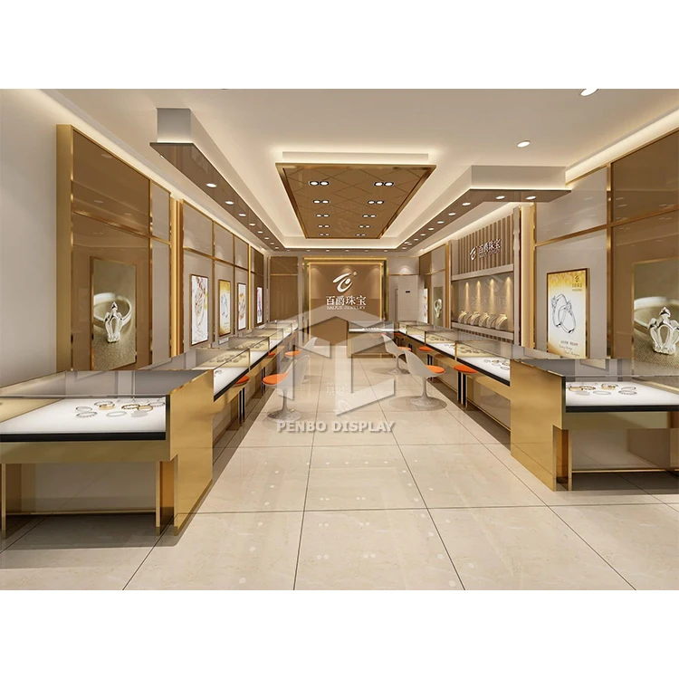Luxury Gold Jewelry Showcase Design Shop Decoration Display Jewellery Shop Counter Design Images