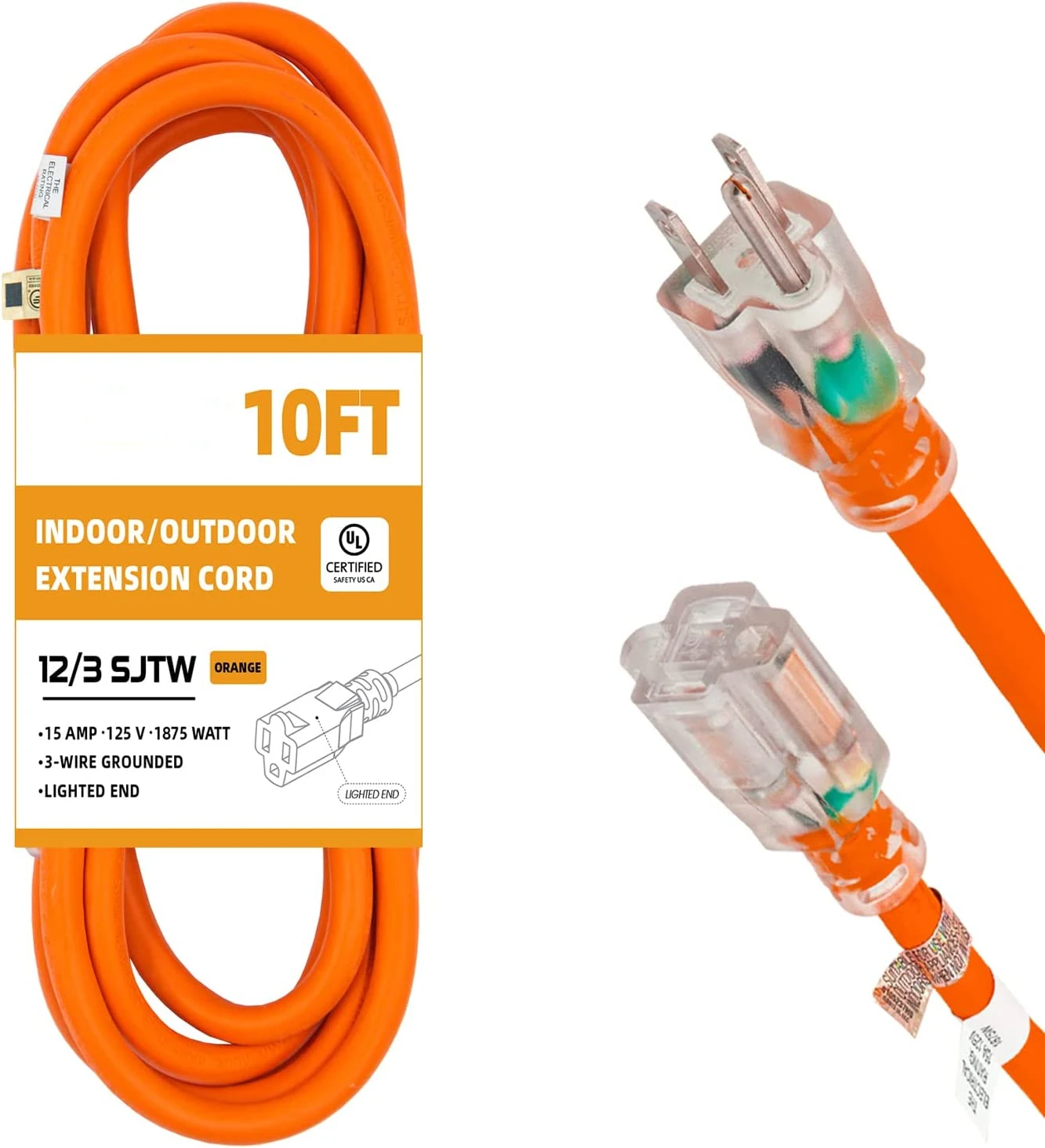 10ft 12 3 Lighted Outdoor Extension Cord 12 Gauge 3 Prong Sjtw Heavy