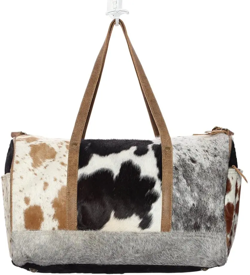 Cowhide Leather Cow Print Weekender Duffle Bag For Women Large Travel ...