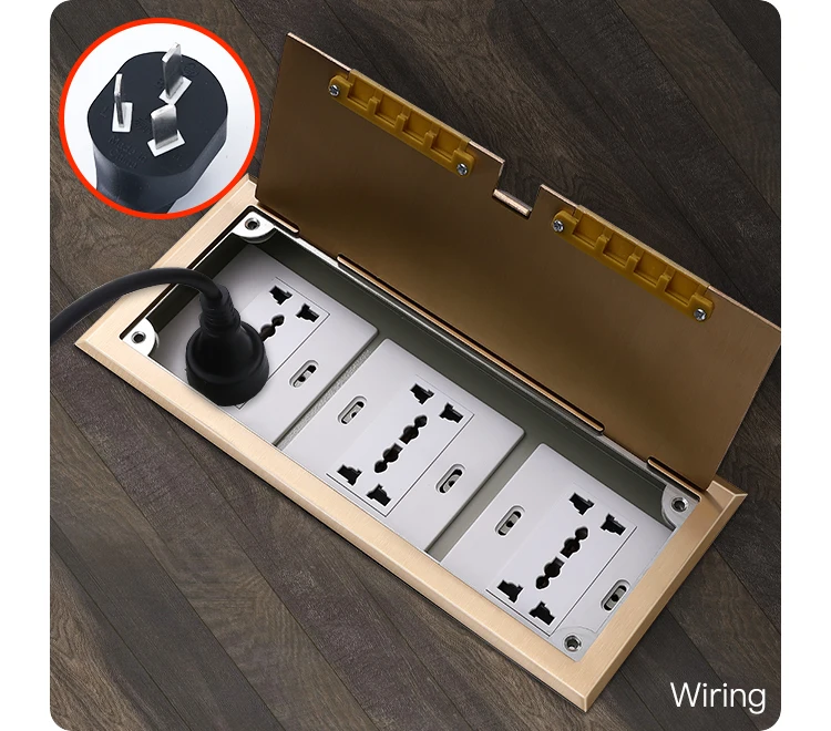 Three commercially customizable brass open floor socket boxes