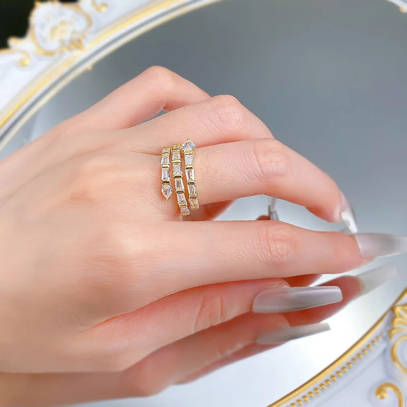 S925 Silver Snake-Shape Ring with Lab Diamond and Pearl Gold Plated Religious Trendy Jewelry for Women for Engagement