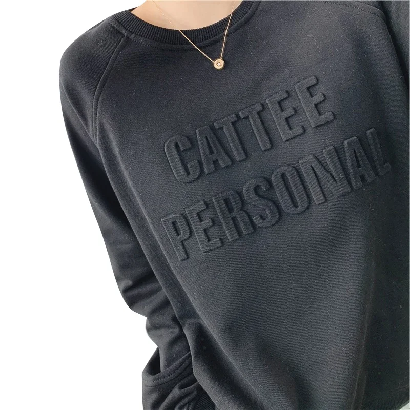 Women's Custom Cotton Embossed Street Wear Plain Cotton Crewneck