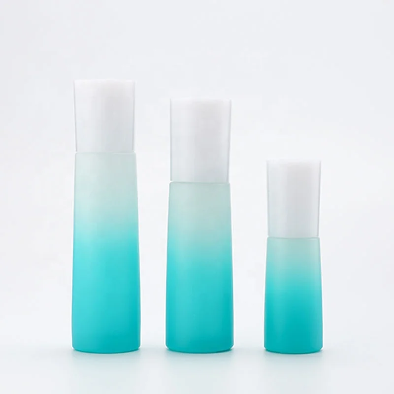 Cosmetic glass bottle set -- skincare cosmetic bottle packaging container manufacturer--gradient ramp with pump&spray&screw cap supplier