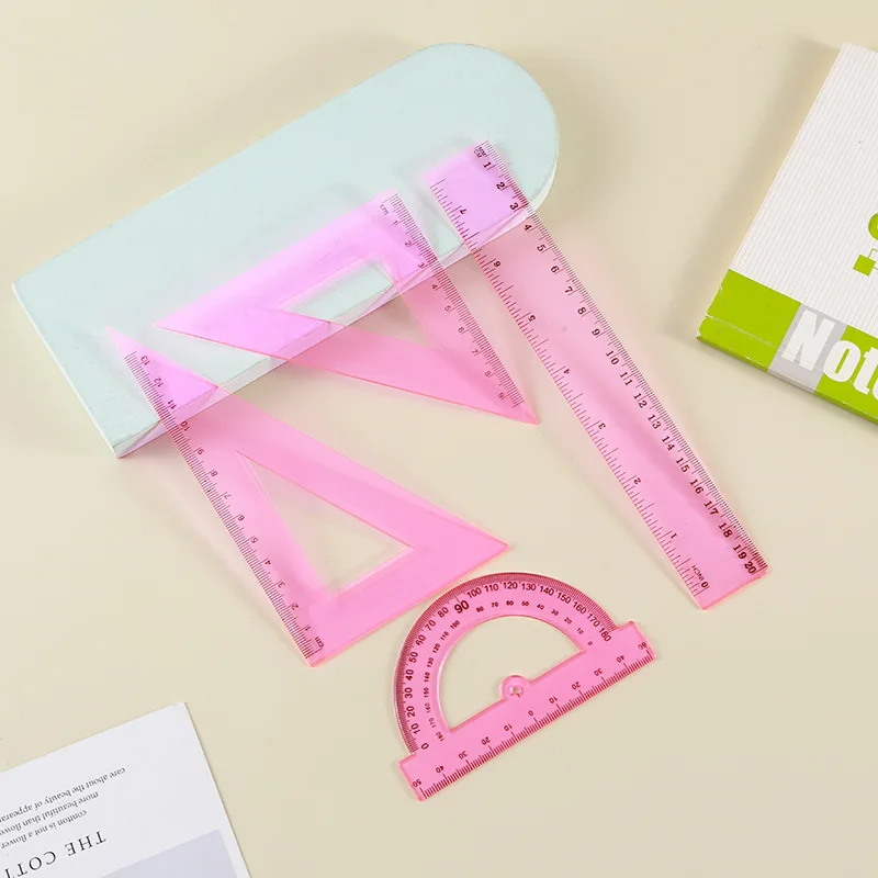 Student Exam Stationery Learning Supplies Four-Piece Plastic Ruler Set with Straight Triangle Measuring Board