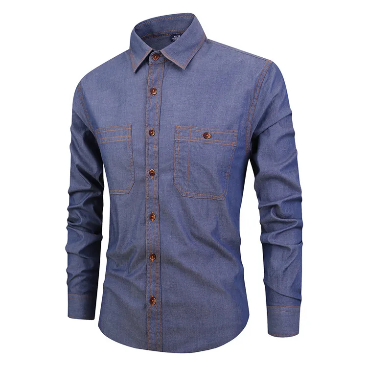 Wholesale Mens Denim Shirts 100% Cotton Long Sleeve Solid Color Casual ...