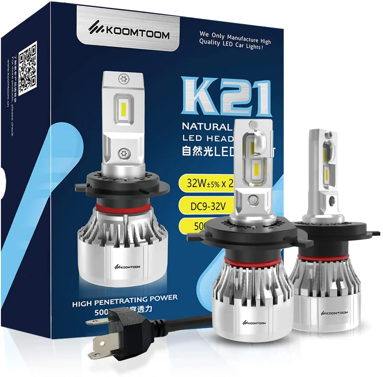 KOOMTOOM High Beam Head Lamp 55W 5000K Warm White H4 9003 HB2 Brightest LED Headlight Bulbs