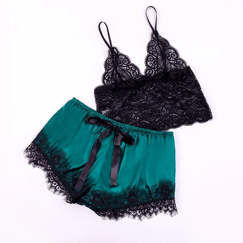 
Wholesale women nightwear sexy lingerie satin pajamas set with lace 