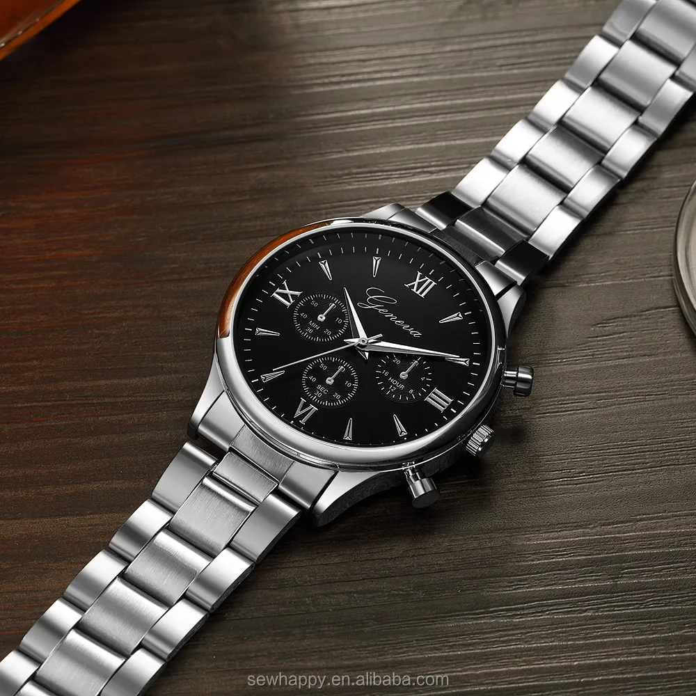 wt0015 黑色不锈钢表带男士商务时钟休闲运动石英手表 dropshipping