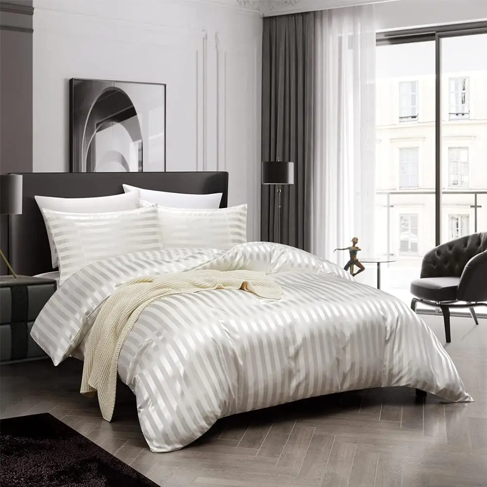 3-Piece Luxury Satin Duvet Cover Set Super Soft Striped Reversible with Hidden Zipper Closure Bedding Set supplier