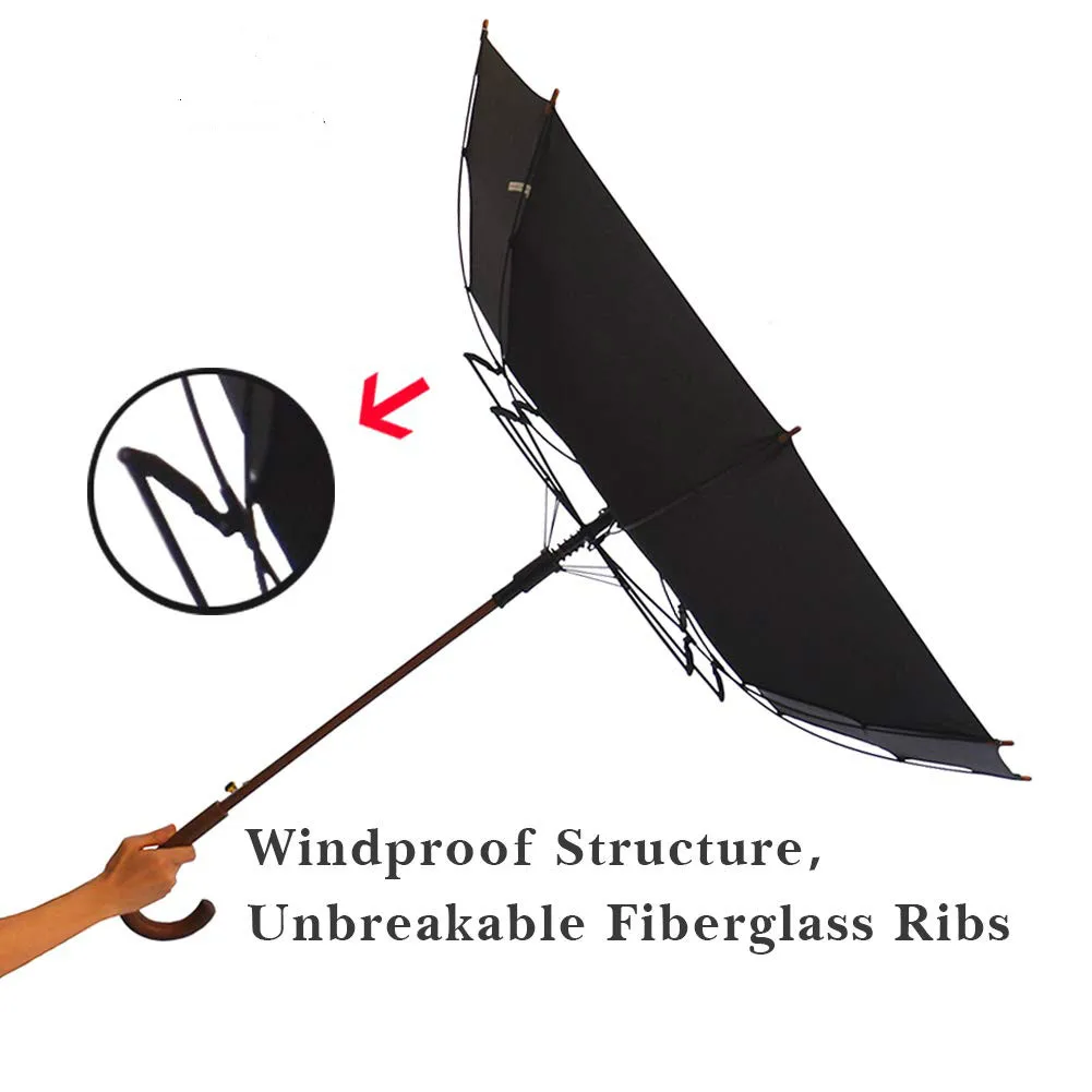 Stick Umbrella Automatic Open Curved Wood Hook Handle Black Rain