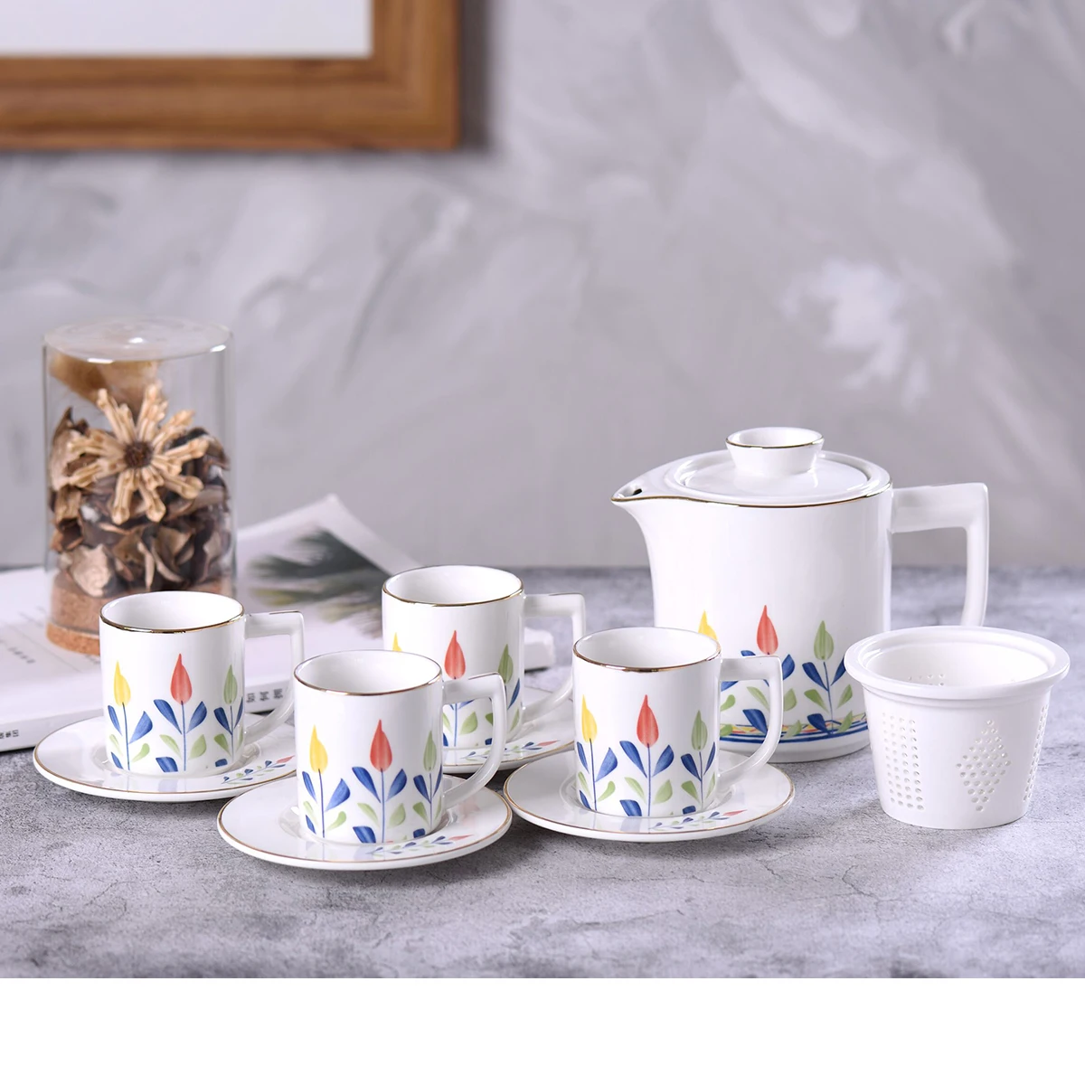 Classic Marble Tea Cup Sets 13 Pcs Ceramic Tea Sets With Gold Plated