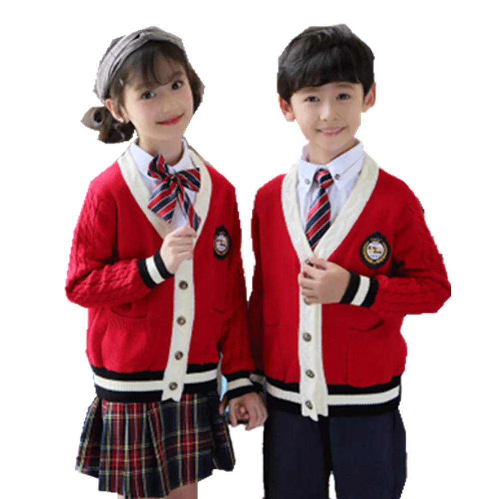 School Uniform Primary & Middle Knit Cardigan Sweater Plaid Skirt Suit Pants Class Service 4 Piece Set Kindergarten Clothing