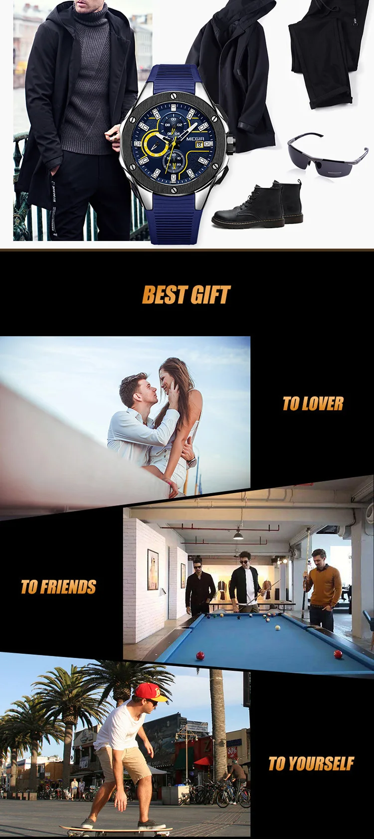 MEGIR 2053 super boy made in china watch buy Genuine Leather Strap personalized 3 dials chronometer diameter 45mm watch set