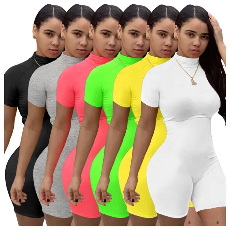 

Whole Summer 2020 olid color zipper Ladies fitness jumpsuit Women One Piece hort Jumpsuits And Rompers,1 Piece, White,yellow,black,fluorescent green,fluorescent pink,gray