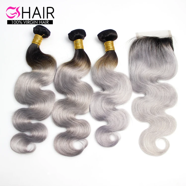 wholesale 100% human hair grey extension weave bundle with closure , ombre gray human hair Swiss lace front wigs .jpg
