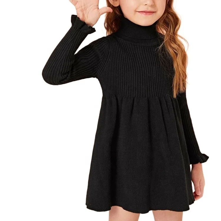 
2020 Children Turtle Neck Long Sleeves Flare Cuff Ruffle Dress Spring Autumn Winter Natural Cotton Sweater Dress 