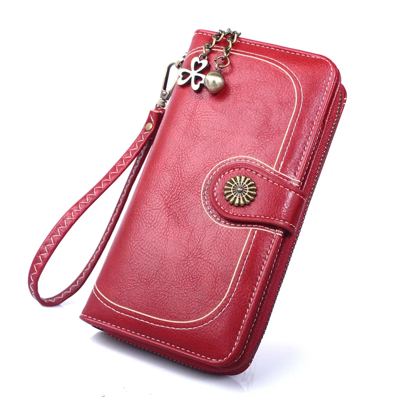 Hot Three Fold  Zipper Oil Wax Leather Phone Bag Women Purse Wallet Clutch Cag Card Holder