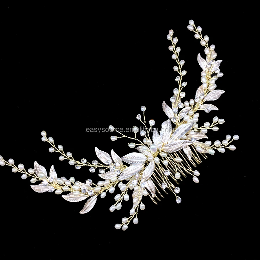Fresh Water Pearls Bridal Hair Comb Light Gold Leaves Wedding Headpiece