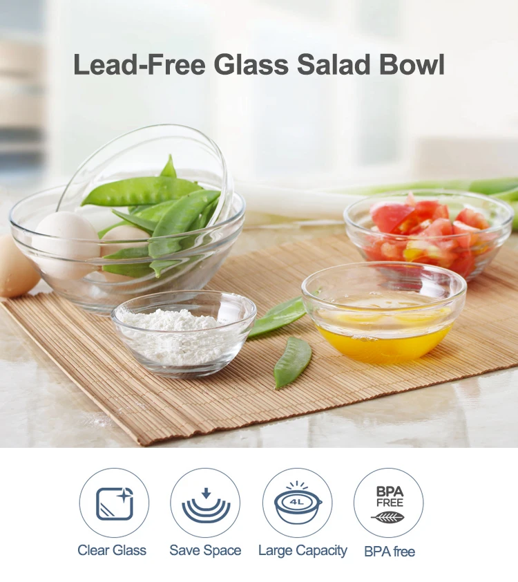 5pcs Set Glass Bowls Heat Resistant Large Clear Glass Salad Bowls