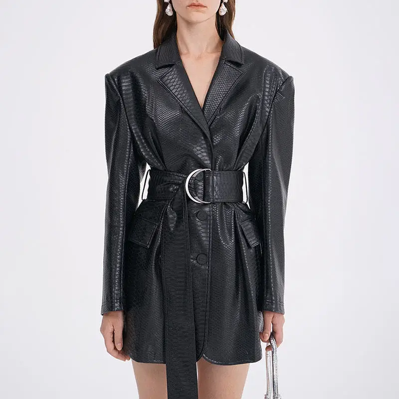 
Europe 2020 autumn new fashionable light mature style suit collar waist belt longsleeved slim black leather jacket for women bac 