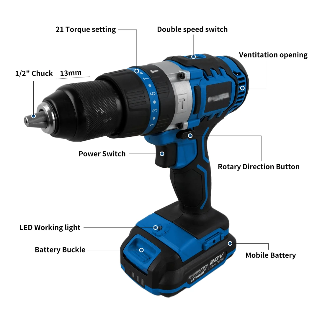 New Design 18v Cordless Drill Charger 2.0ah Battery Tools Set Electric