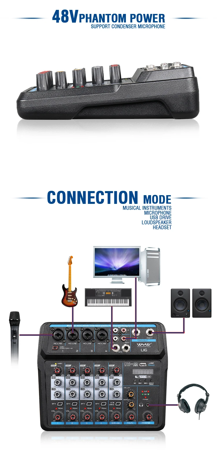 6 and 4 channel USB audio mixer console