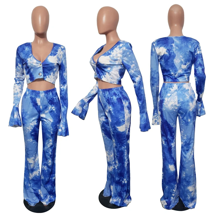 Best Seller Fall 2021 Fashion Sexy Tie Dye  Hollow Out Top And Pants Women Clothes Womens Two Piece Set