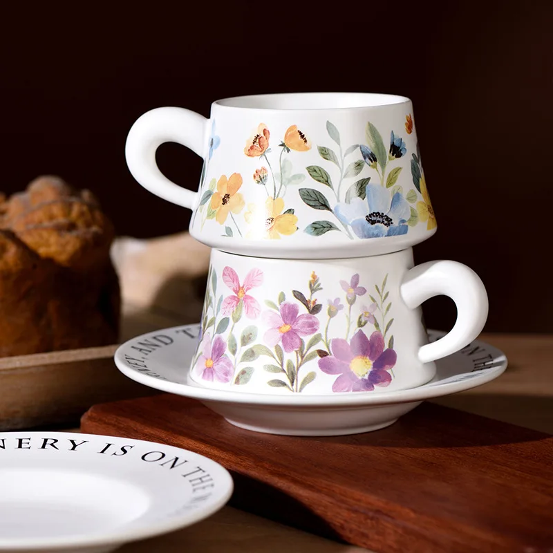 product custom exquisite durable tea cuo high end vintage floral cup saucer french retro style ceramic afternoon tea cup-7