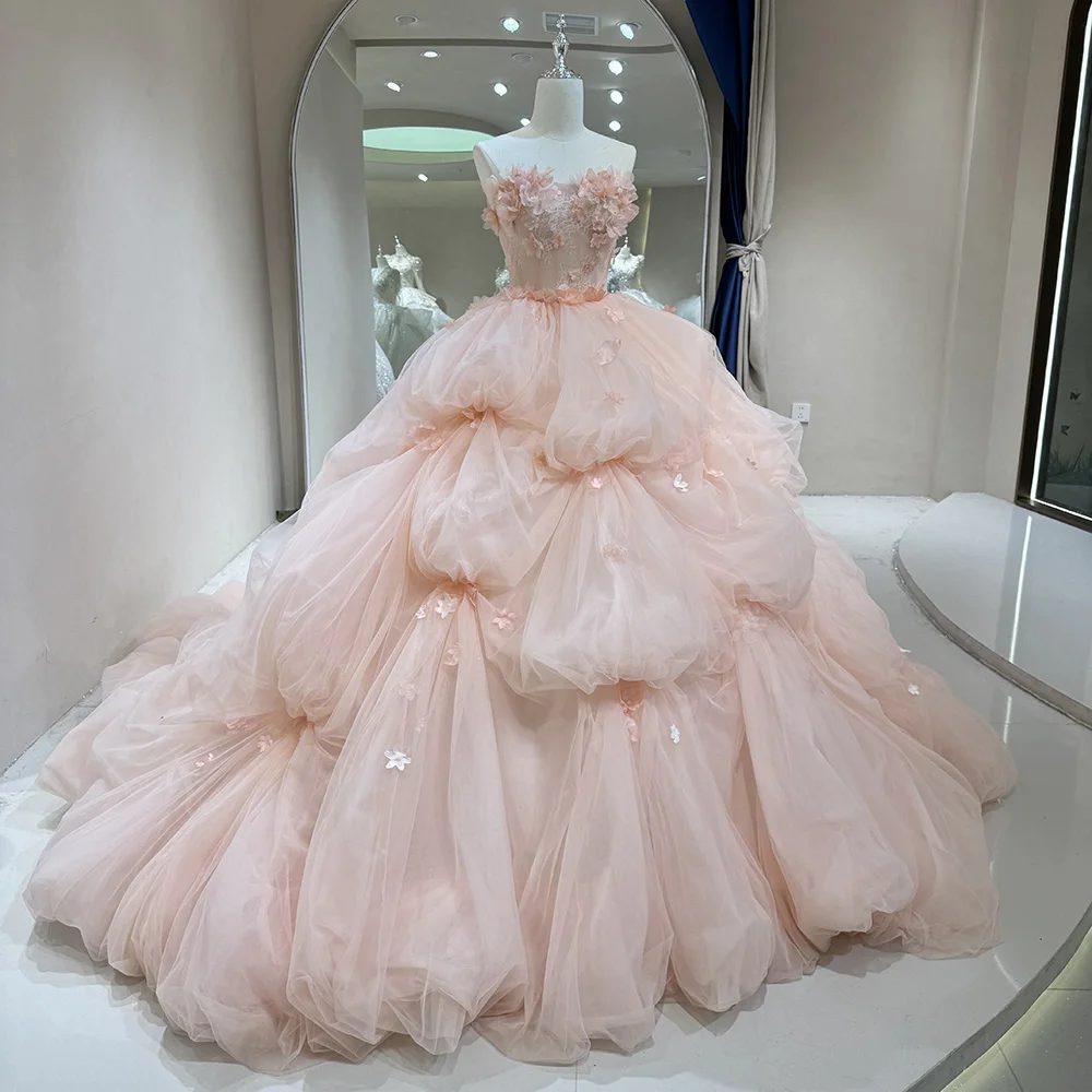 Wholesale fairy pink leeveless puffy wedding evening gowns dress with flower,2 Pieces Wholesale fairy pink leeveless puffy wedding evening gowns dress with flower,2 Pieces