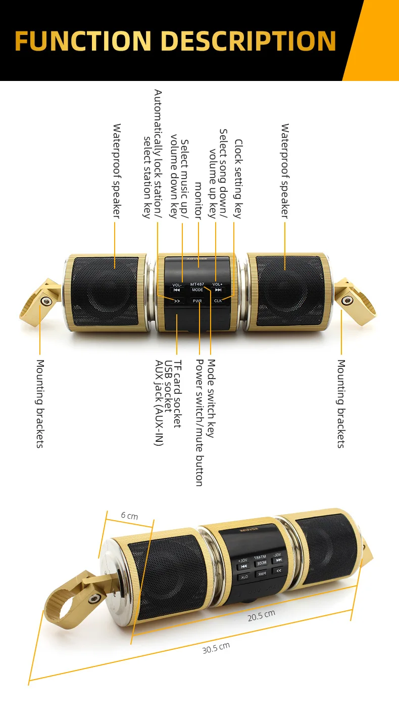 Aoveise Mt487 New Trendy Bt Subwoofer Speaker Motorcycle Mp3 Audio