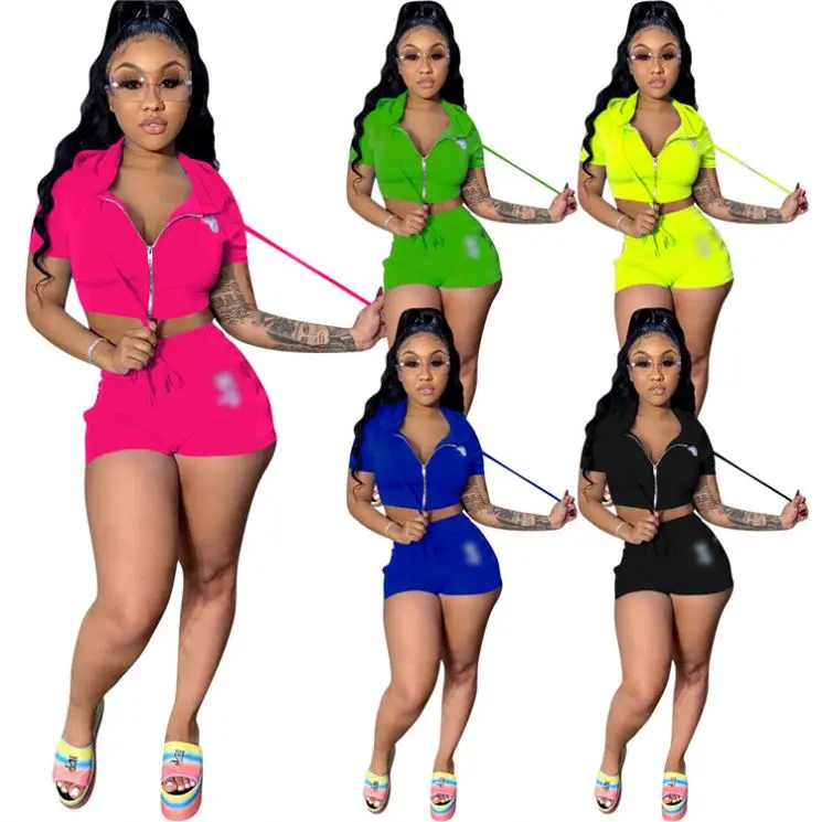 

2021 New Design Solid Short Pants Outfits Two Piece Shorts Set Women Clothing Summer Biker Short 2 Piece Set