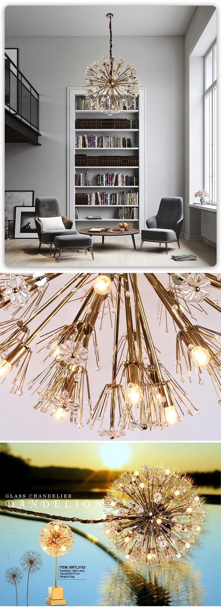 Modern Indoor Design Dandelion Crystal Lighting For Restaurant Decor Chain Glass Chandelier Pendant Light