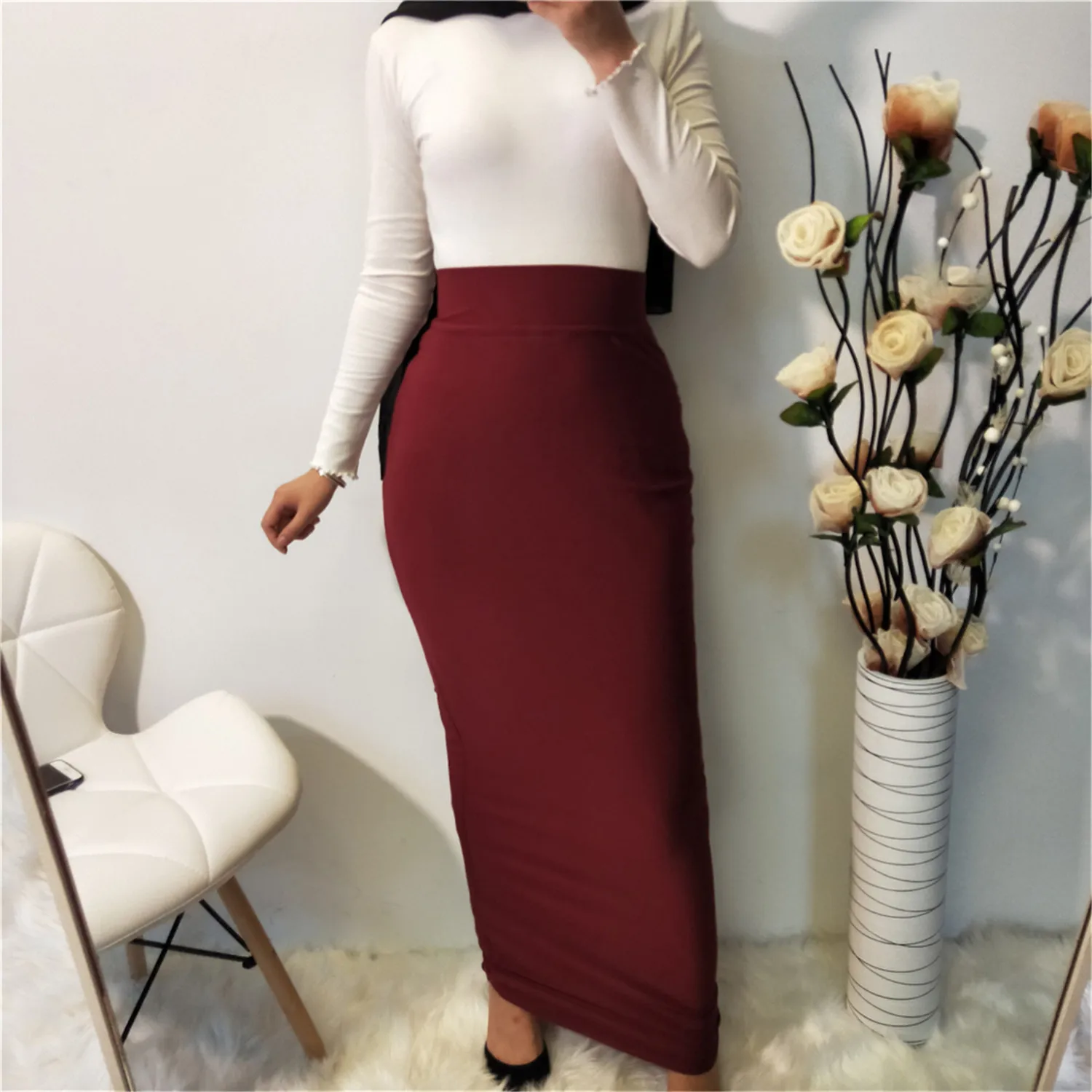 6120 Full Elastic Fashion Black High Waist Bodycon Skirt Muslim Ladies Office Wear Long Slim