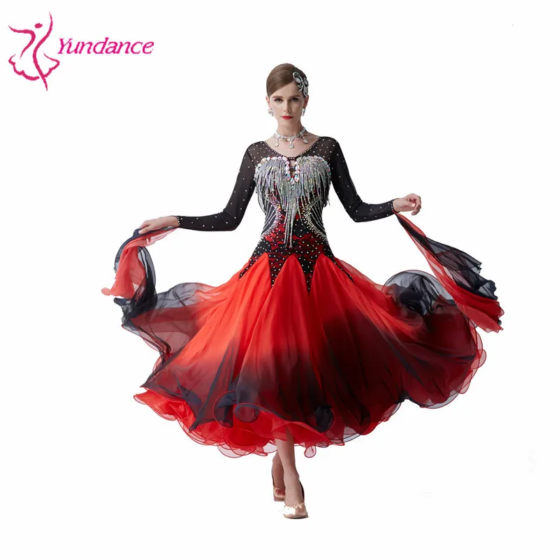 B19492 Hand Make Red Long Sleeve Ballroom Dance Competition Dresses