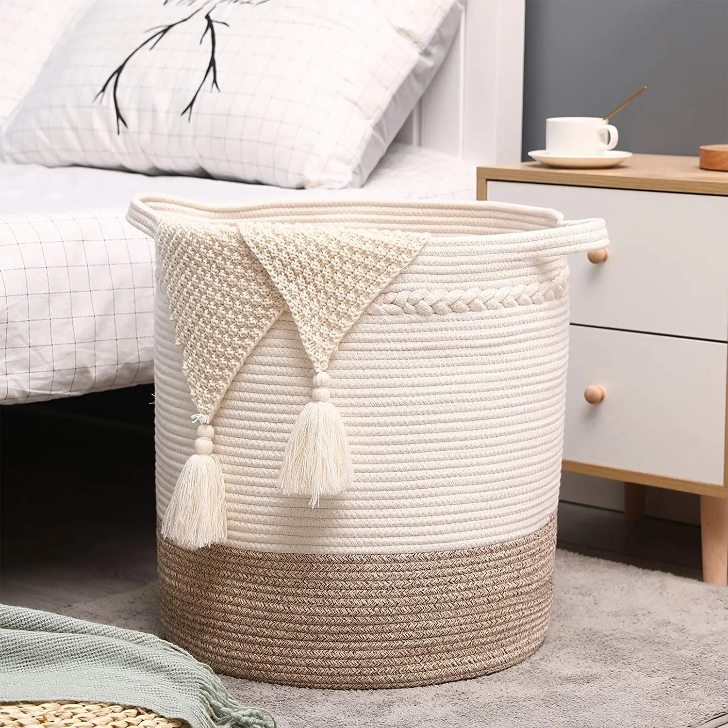 - Cotton Rope Basket Woven Baby Laundry Basket with Handle for Diaper Toy Cute Neutral Home Decor DOKEHOM DKA0624WBL Large Storage Baskets D H 17 White, L x 14.6 