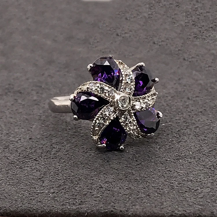 product-Purple Stone Flower Design Silver Finger Bridal Jewellery-BEYALY-img